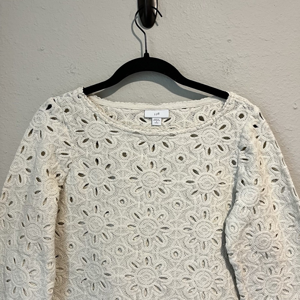 J. Jill Women's Barley Crochet Top Petite S Cream Floral Eyelet 3/4 Slv Cottage - Picture 5 of 8